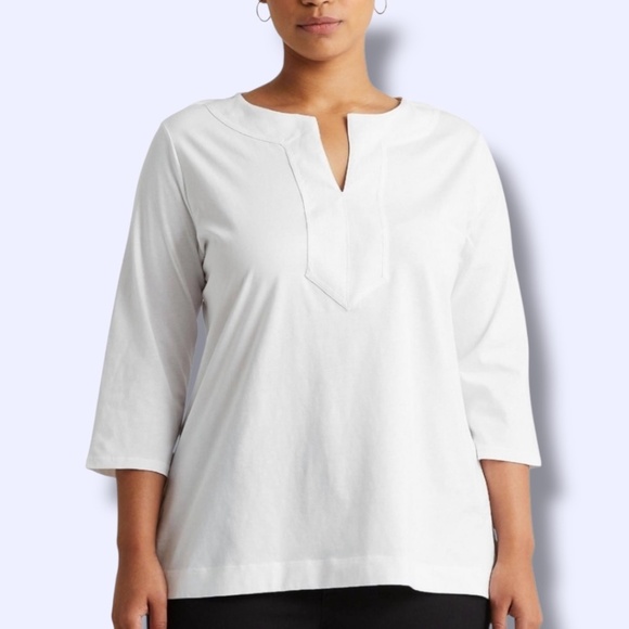 LAUREN RALPH LAUREN 100% Cotton White Split Crew Neck Blouse 3/4 Sleeves Sz 3X - Picture 1 of 9